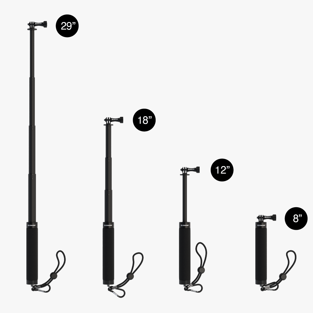 representation of the 4 adjustment heights of GravGrip's compact extension pole for gopro action camera